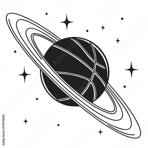 Black abstract planet with rings and stars space