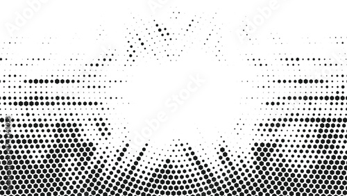 Abstract halftone sunburst pattern background with dotted texture and comic style rays radiating from center in black and white minimalist design for poster banner and graphic illustration concept