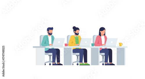 Illustration of three professionals working on laptops at office desks
