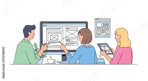 Illustration of team collaborating on digital project using laptop and tablet in modern office setting