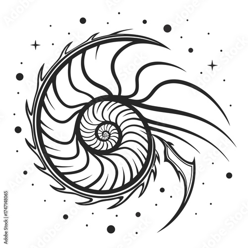 Black abstract spiral shell with stars and dots nautilus