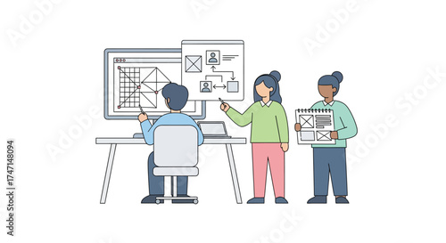 Illustration of team collaborating on project presentation with charts and documents in office environment
