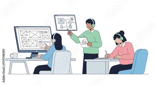 Illustration of team of software developers collaborating on wireframes and designs in office environment