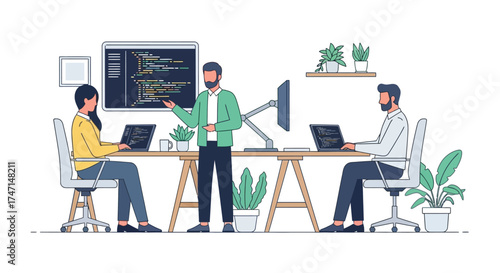 Illustration of team of developers collaborating on coding projects in modern office with computers and plants