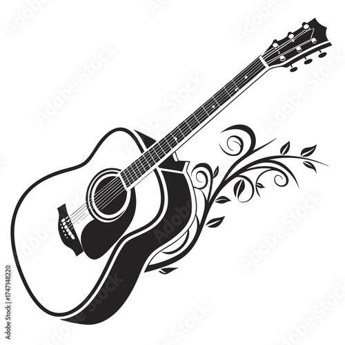 Black acoustic guitar with floral swirl design music
