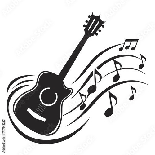 Black acoustic guitar with musical notes and swirls