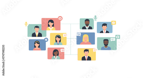 Illustration of diverse team collaboration in virtual meeting with connected network icons
