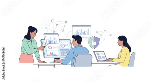 Illustration of team of professionals analyzing data and statistics on computers in modern office setting