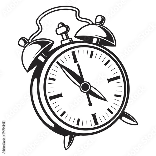Black and white alarm clock graphic with bold outline