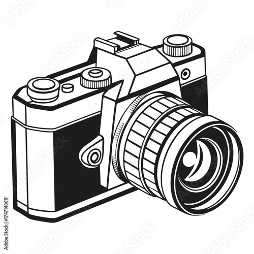 Black and white graphic of a vintage camera retro camera
