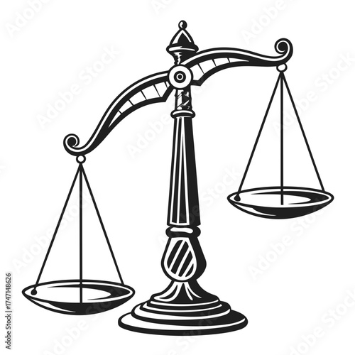 Black and white graphic of justice scales on white background