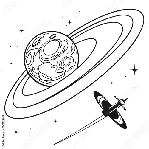 Black and white illustration of a ringed planet and satellite