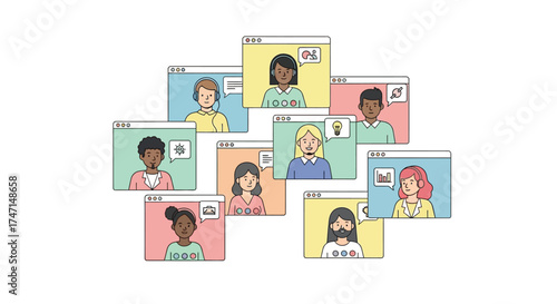 Illustration of diverse group of people in virtual meeting windows on screen