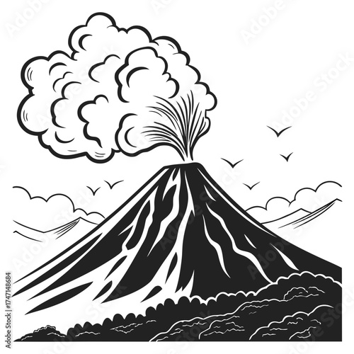 Black and white illustration of a volcano erupting smoke and ash