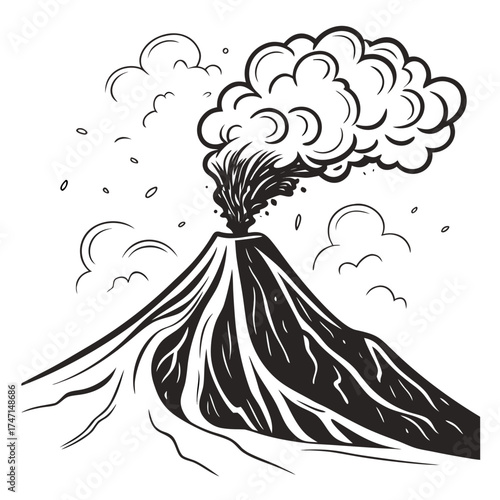 Black and white illustration of a volcano erupting