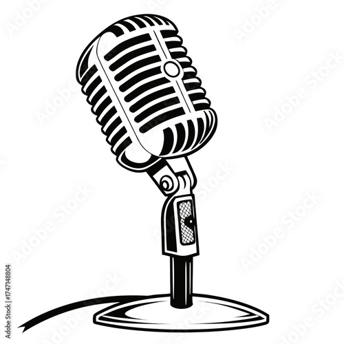 Black and white retro microphone on stand vintage broadcast
