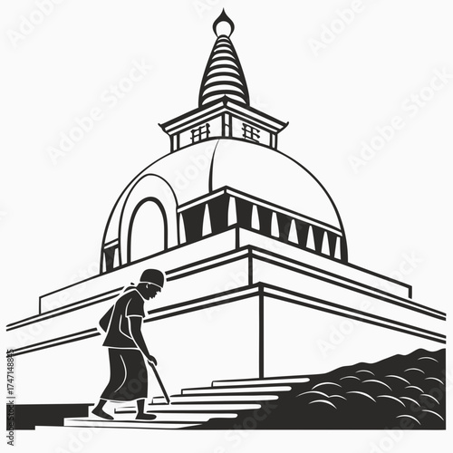 Black and white silhouette of a Buddhist stupa with a person walking up stairs