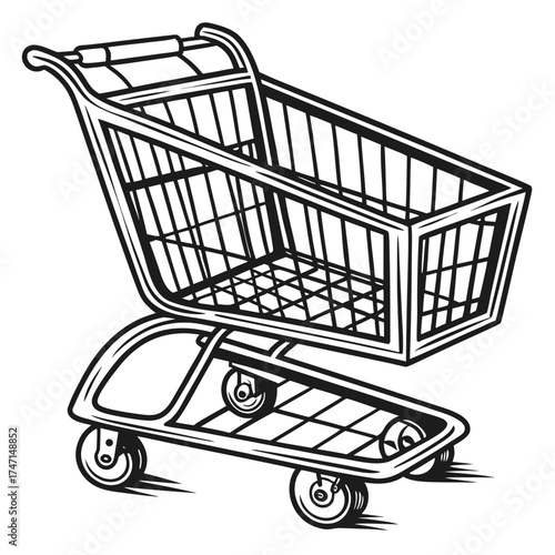Black and white shopping cart line art graphic grocery cart