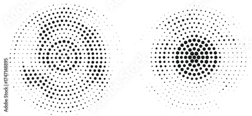 Twin circular halftone pattern with dotted texture in black and white abstract symmetry design perfect for poster layout template and digital background