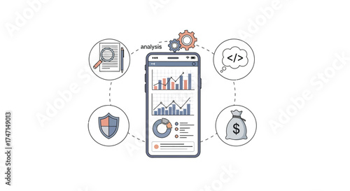 Illustration of mobile app interface showing financial analytics, coding, and security icons