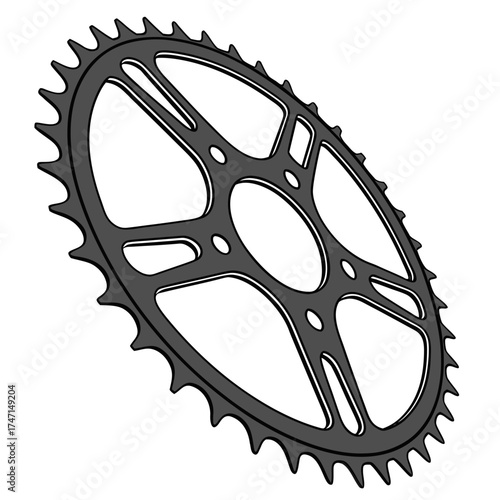Black bicycle chainring with spokes on white background