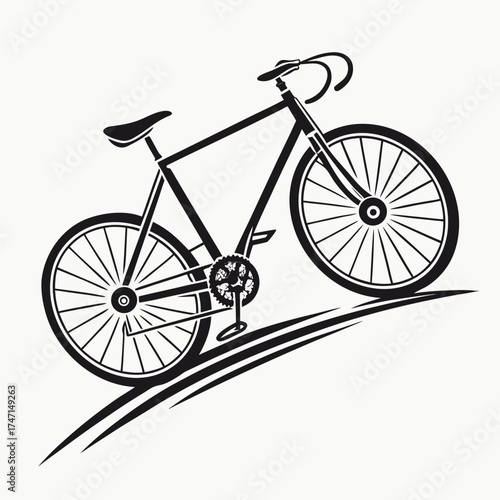 Black bicycle silhouette on white background with abstract swoosh