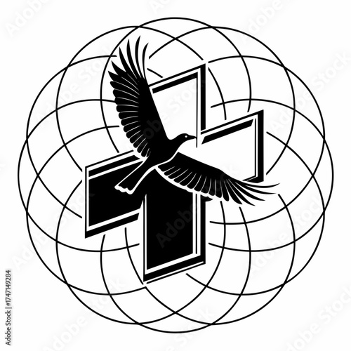 Black bird flying through abstract cross symbol vector