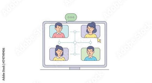 Illustration of virtual meeting with four participants on laptop screen in flat design style
