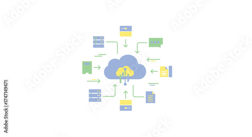 Illustration of modern cloud computing network diagram with servers and data storage