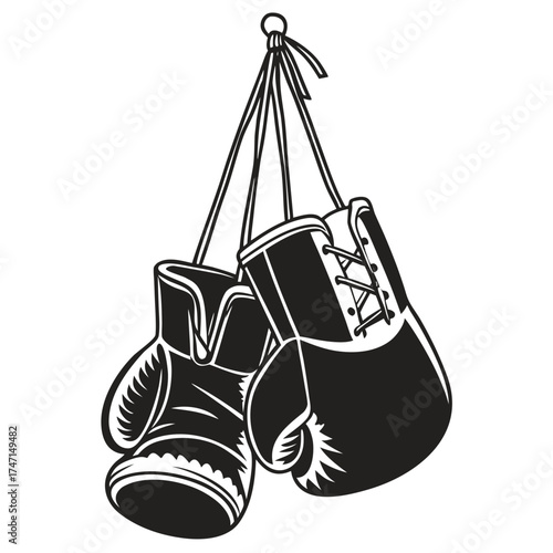 Black boxing gloves hanging on white background black and white 1