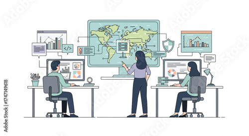 Illustration of diverse team collaborating in modern office with digital analytics and global data visualization on screens