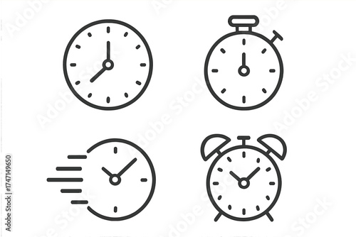 Time and clock icon set in thin line style. Vector collection of timer, stopwatch, speed, and alarm symbols. Concept of time management, deadline, schedule, and urgency.