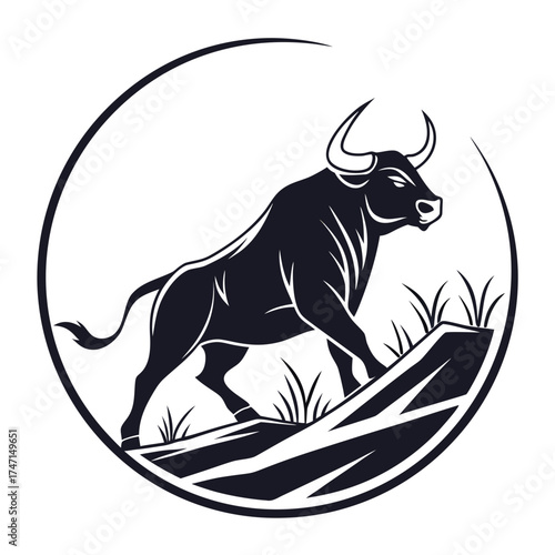 Black bull walking on rocks in a circle white circular logo