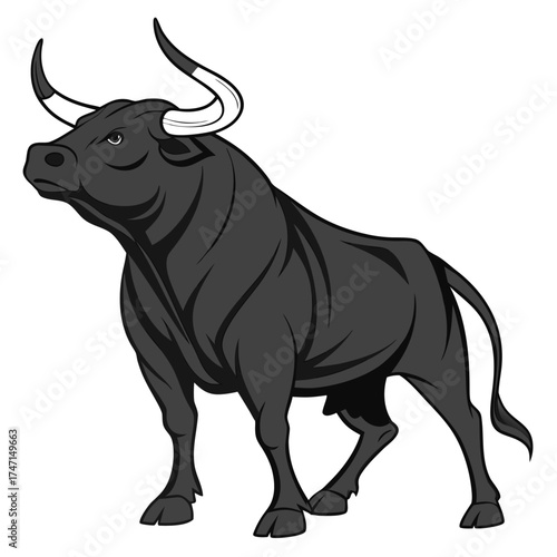 Black bull with long curved horns on white background 1