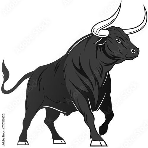 Black bull with long curved horns on white background 2