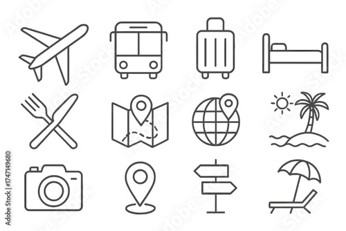 Travel and tourism web icon set in thin line style. Vector symbols for holiday, vacation, transport, luggage, navigation, food, and hotel. Outline pictogram collection.