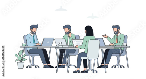 Illustration of diverse group of professionals collaborating in a modern office meeting