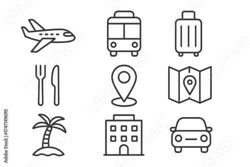 Travel icon set in thin line style. Vector collection for holiday and vacation. Symbols for transport, navigation, food, and accommodation. Airplane, bus, car, map, luggage.