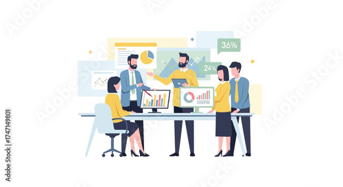 Illustration of diverse team collaborating on business project with charts and data analysis in office