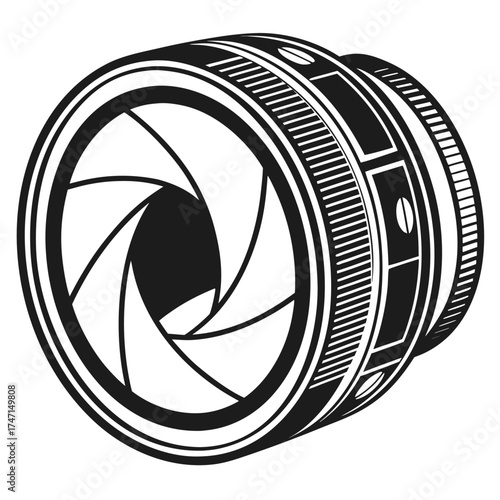 Black camera lens aperture graphic on white background