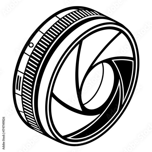 Black camera lens aperture graphic on white diaphragm