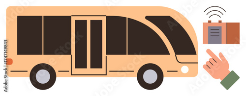 Modern bus alongside a wireless access device and hand gesture activating it. Ideal for public transit, technology, convenience, automation, urban mobility, smart systems, simple flat metaphor