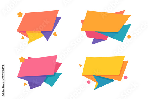 Colorful origami sale banner set. Empty paper labels for retail promotion and online shopping discount. Modern abstract sticker tags for social media ads and website badges.