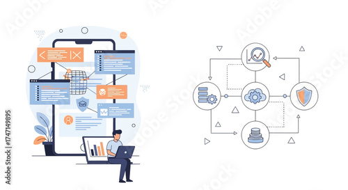 Illustration of cybersecurity and data protection concept with professional analyzing digital threats on screen