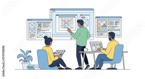 Illustration of team of professionals analyzing data and discussing project on digital screens in office meeting
