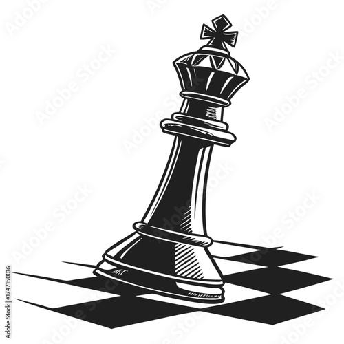Black chess king piece on white background with chessboard