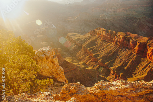 Gand Canyon North Rim in Arizona with dramatic cliffs, layered rock formations, and breathtaking natural landscape under sunlight of sunset natural panorama 