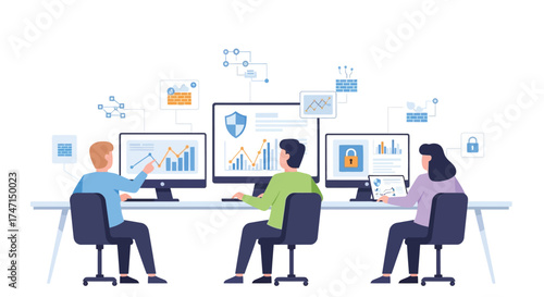 Illustration of team of professionals collaborating on data analysis with computers and digital security
