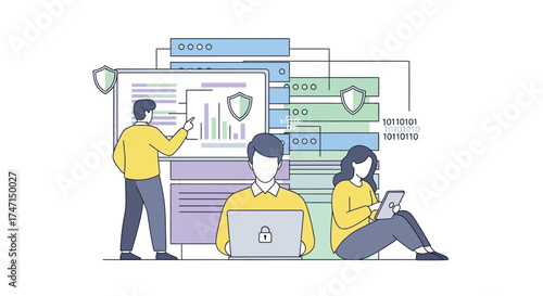 Illustration of team collaborating on cybersecurity dashboard with digital protection shields and analytics