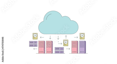 Illustration of cloud computing network with servers and data storage solutions for modern it infrastructure